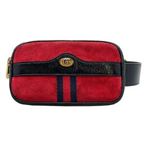 Gucci Ophidia Mini Belt Bag Red Suede Web Stripe GG Logo Fanny Pack